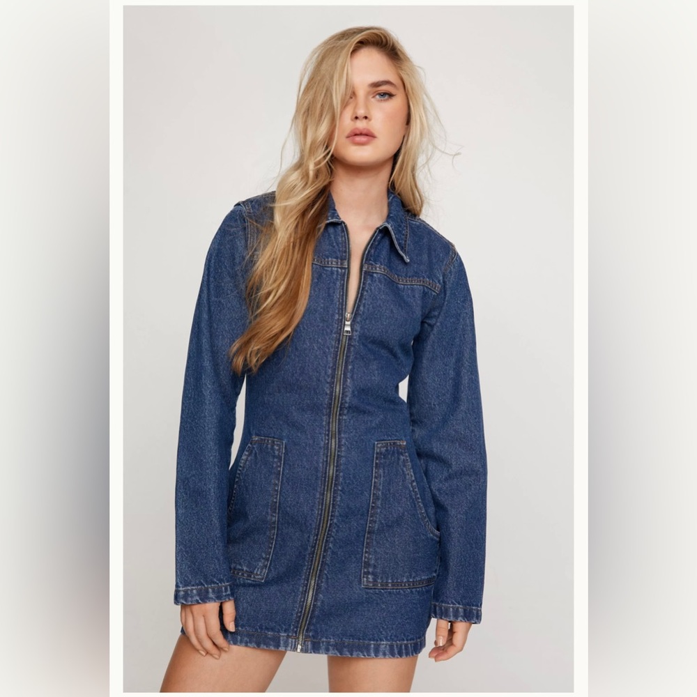 Long Sleeve Zip Through Denim Dress Size 14 US UK 18 Brand New W Tags